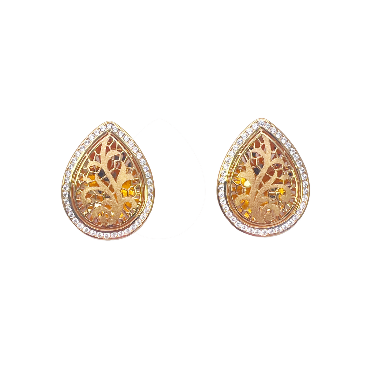 22ct Yellow Gold Teardrop Floral Dome Halo Pendant and Teardrop Earrings Set