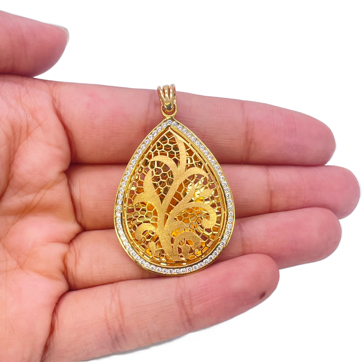 22ct Yellow Gold Teardrop Floral Dome Halo Pendant and Teardrop Earrings Set