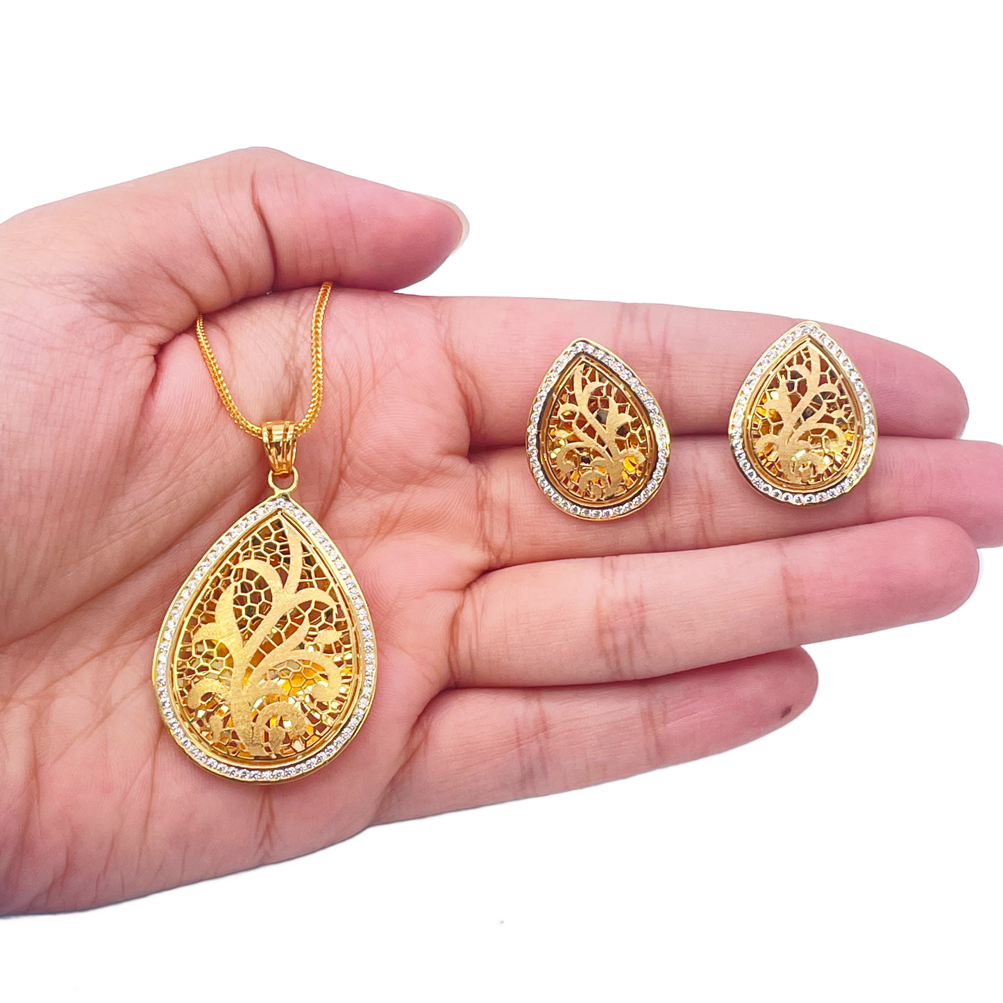 22ct Yellow Gold Teardrop Floral Dome Halo Pendant and Teardrop Earrings Set