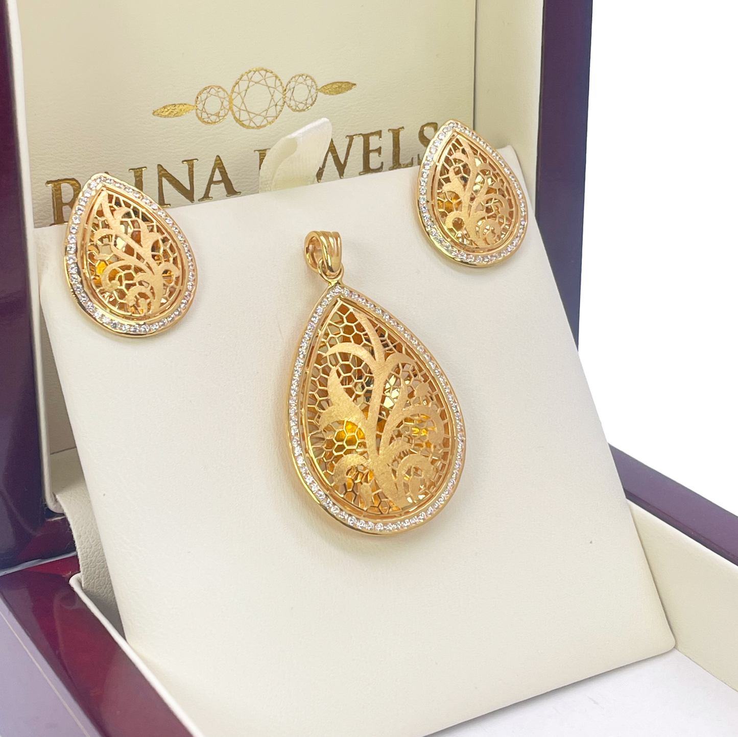 22ct Yellow Gold Teardrop Floral Dome Halo Pendant and Teardrop Earrings Set