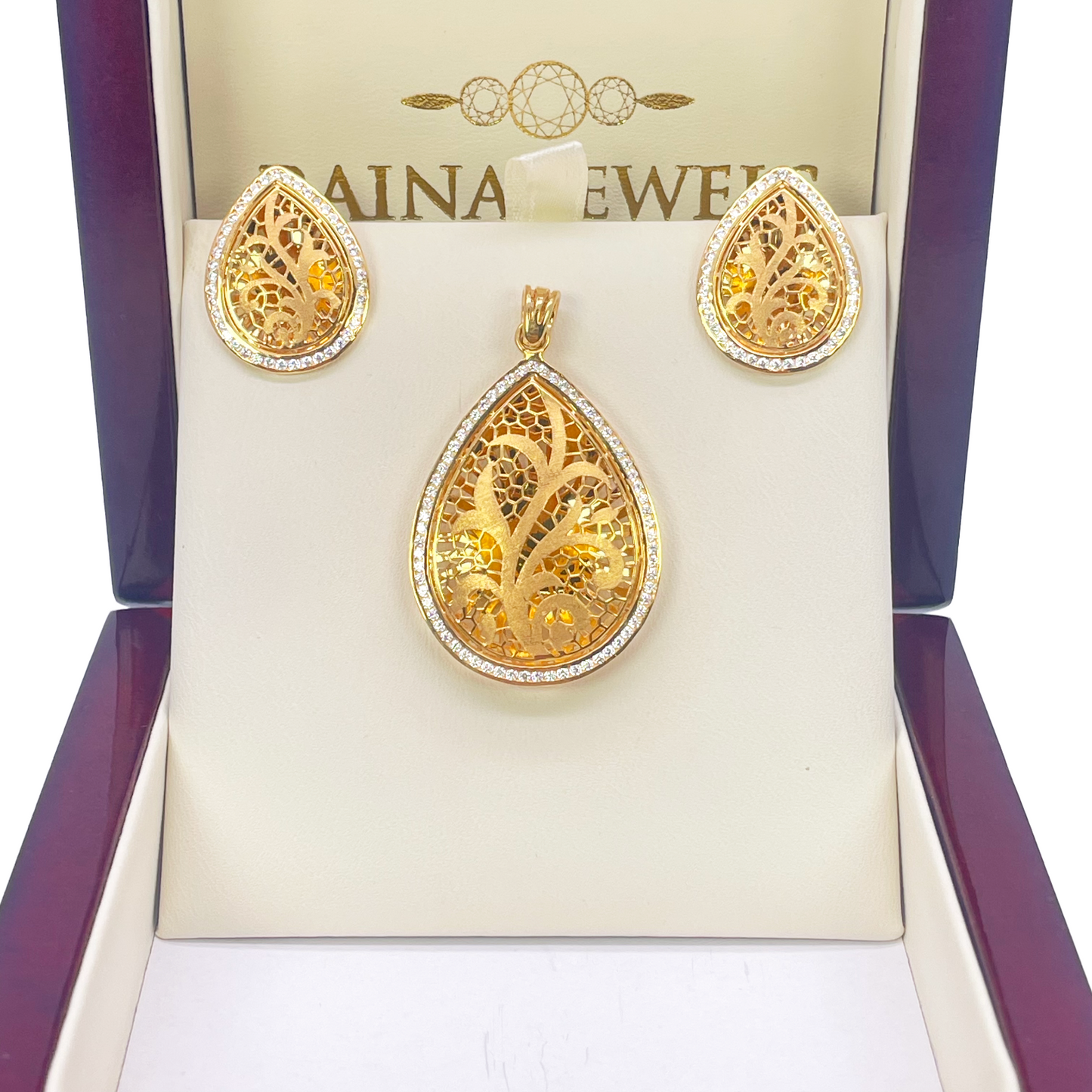 22ct Yellow Gold Teardrop Floral Dome Halo Pendant and Teardrop Earrings Set