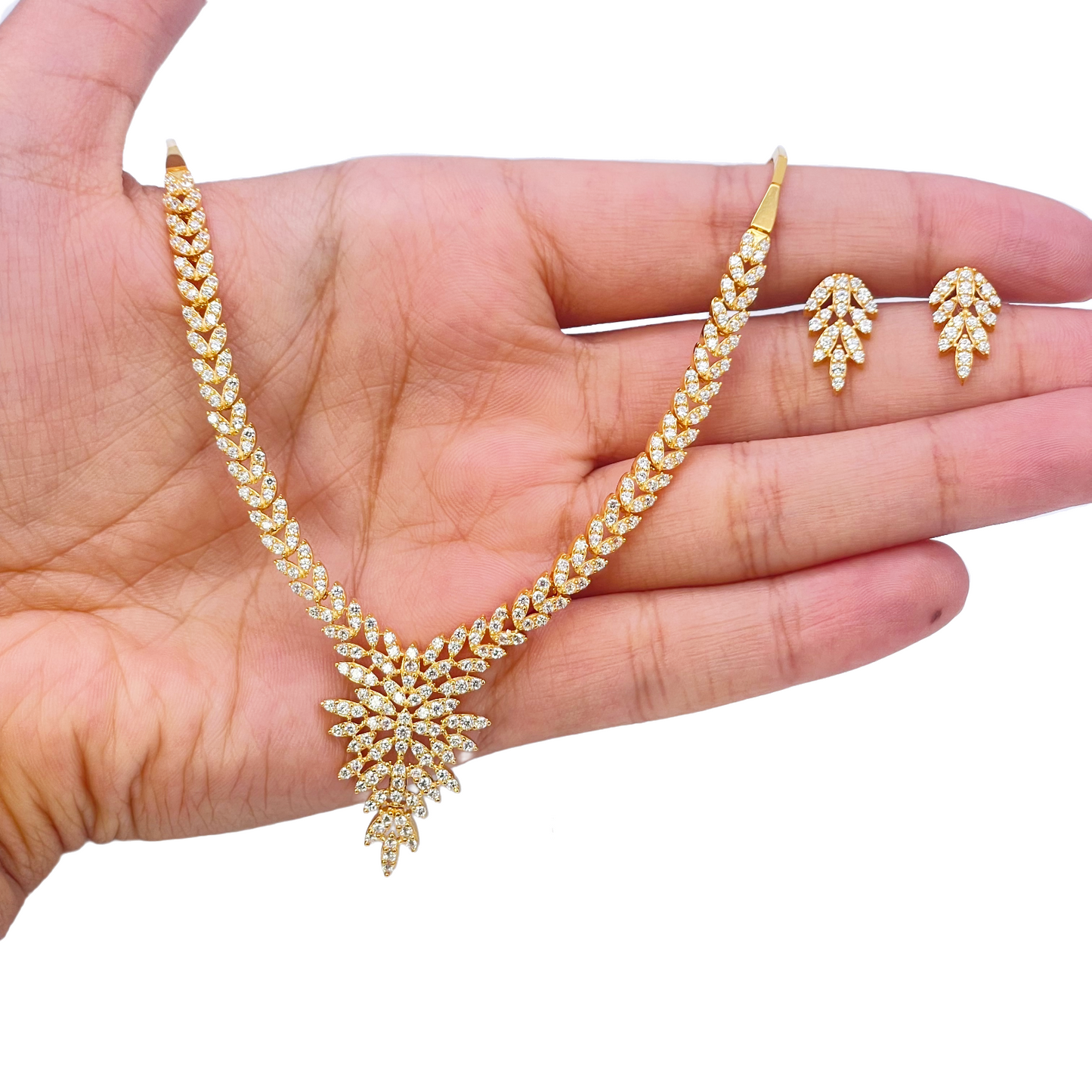 22ct Yellow Gold Sparkly Cuban Zirconia Floral Leaf Necklace And Matching Stud Earrings Set