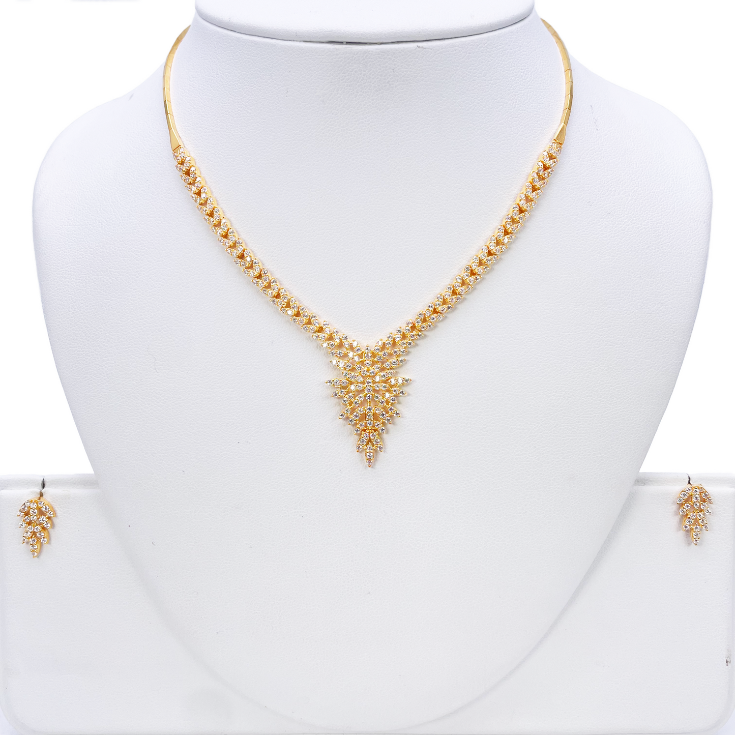 22ct Yellow Gold Sparkly Cuban Zirconia Floral Leaf Necklace And Matching Stud Earrings Set