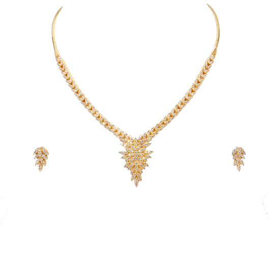 22ct Yellow Gold Sparkly Cuban Zirconia Floral Leaf Necklace And Matching Stud Earrings Set