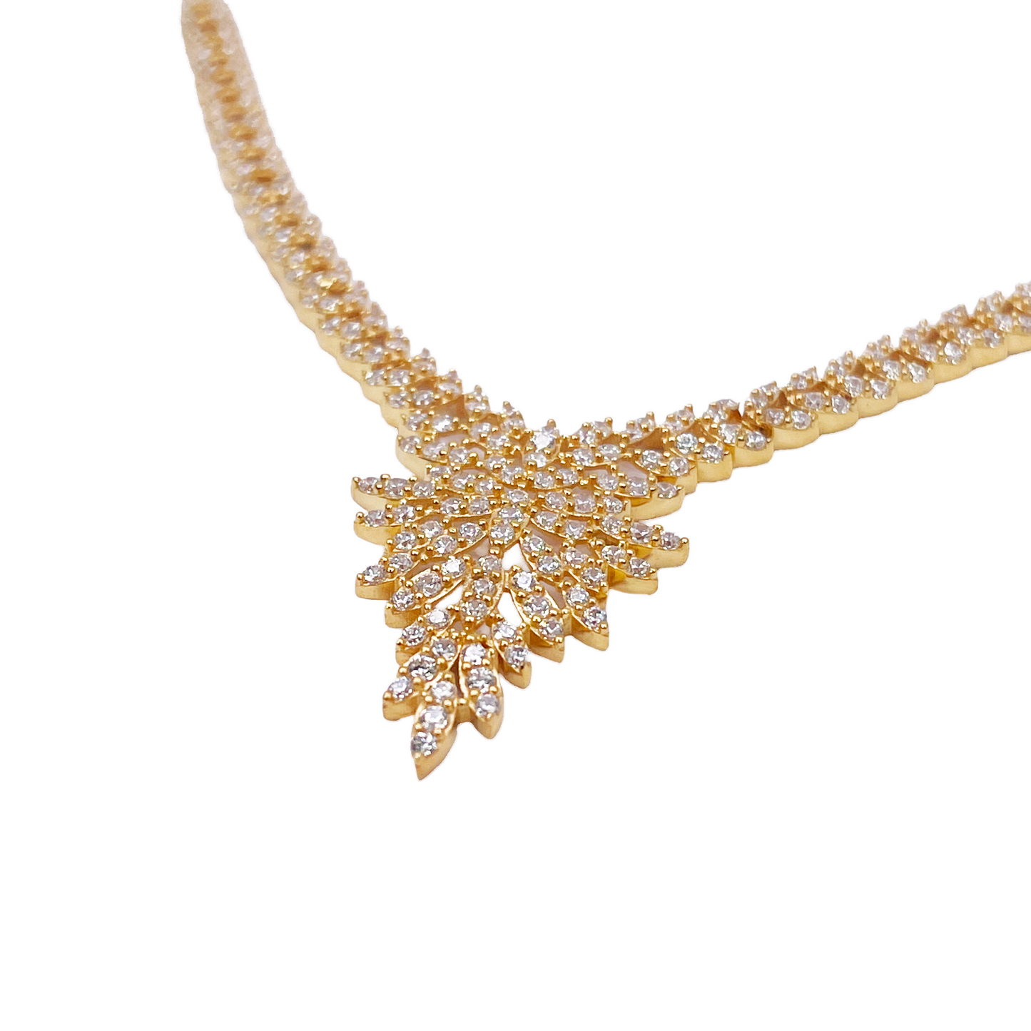 22ct Yellow Gold Sparkly Cuban Zirconia Floral Leaf Necklace And Matching Stud Earrings Set