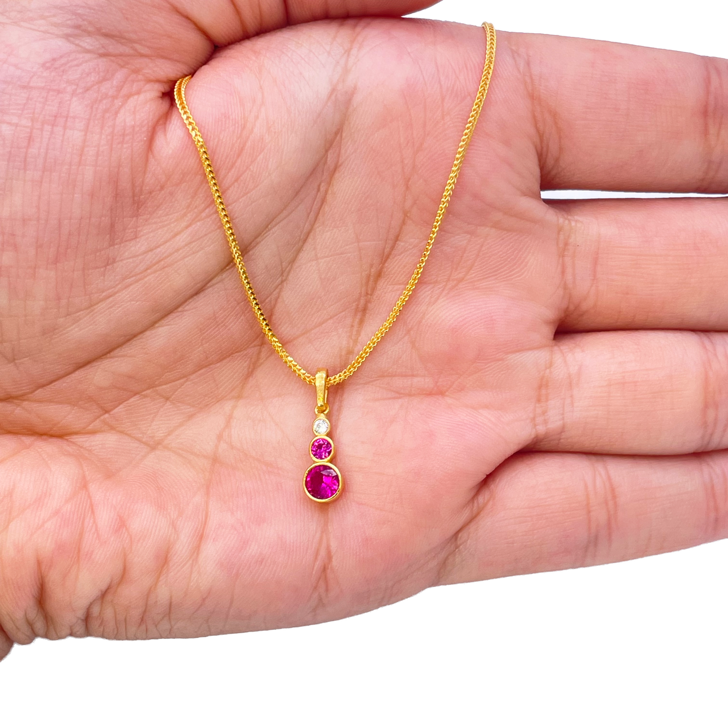 22ct Yellow Gold Drop Red Bubble Pendant & Chain With Matching Drop Earrings