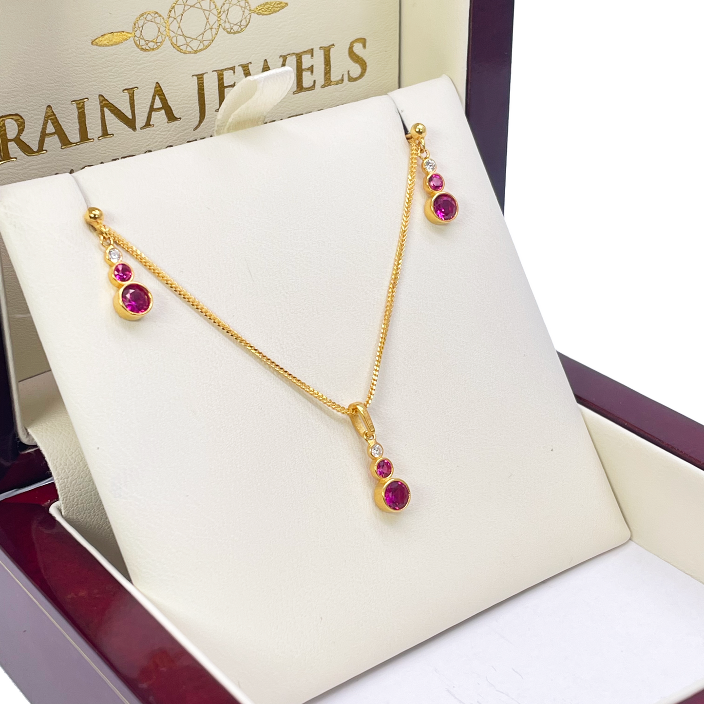 22ct Yellow Gold Drop Red Bubble Pendant & Chain With Matching Drop Earrings