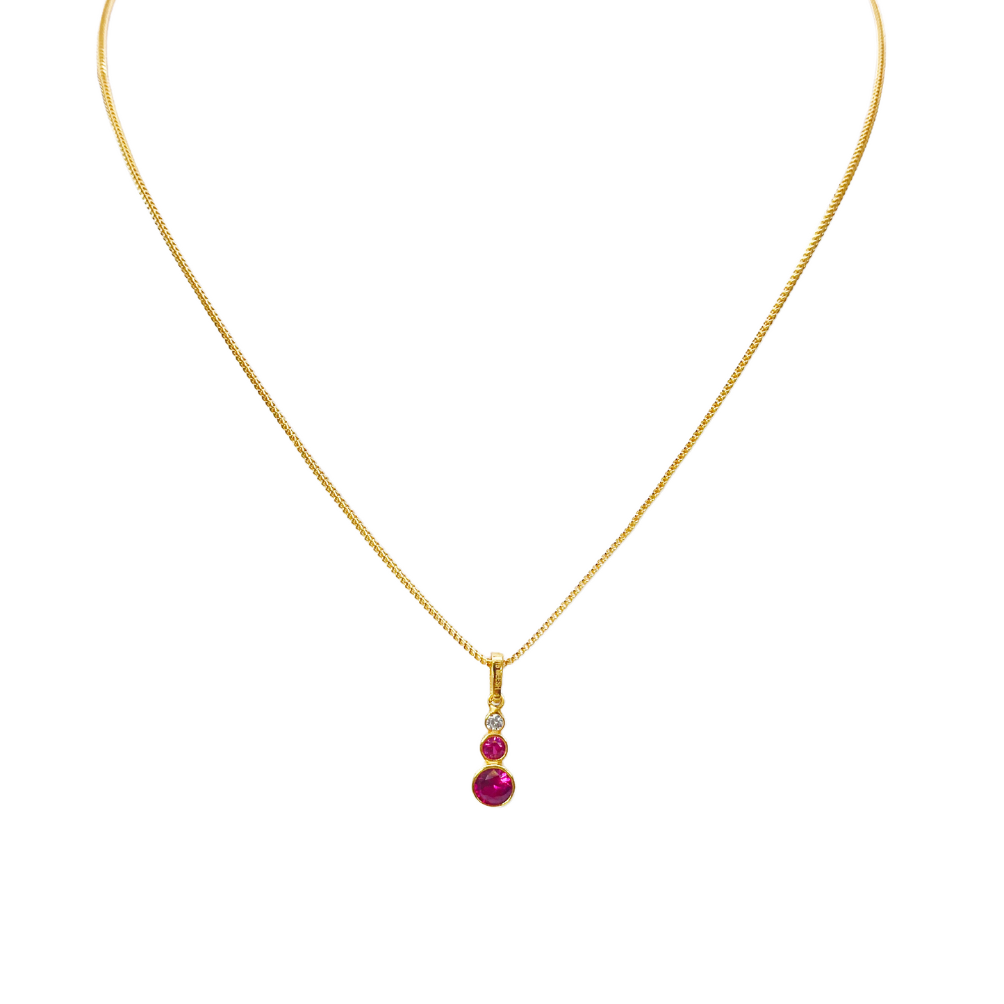 22ct Yellow Gold Drop Red Bubble Pendant & Chain With Matching Drop Earrings