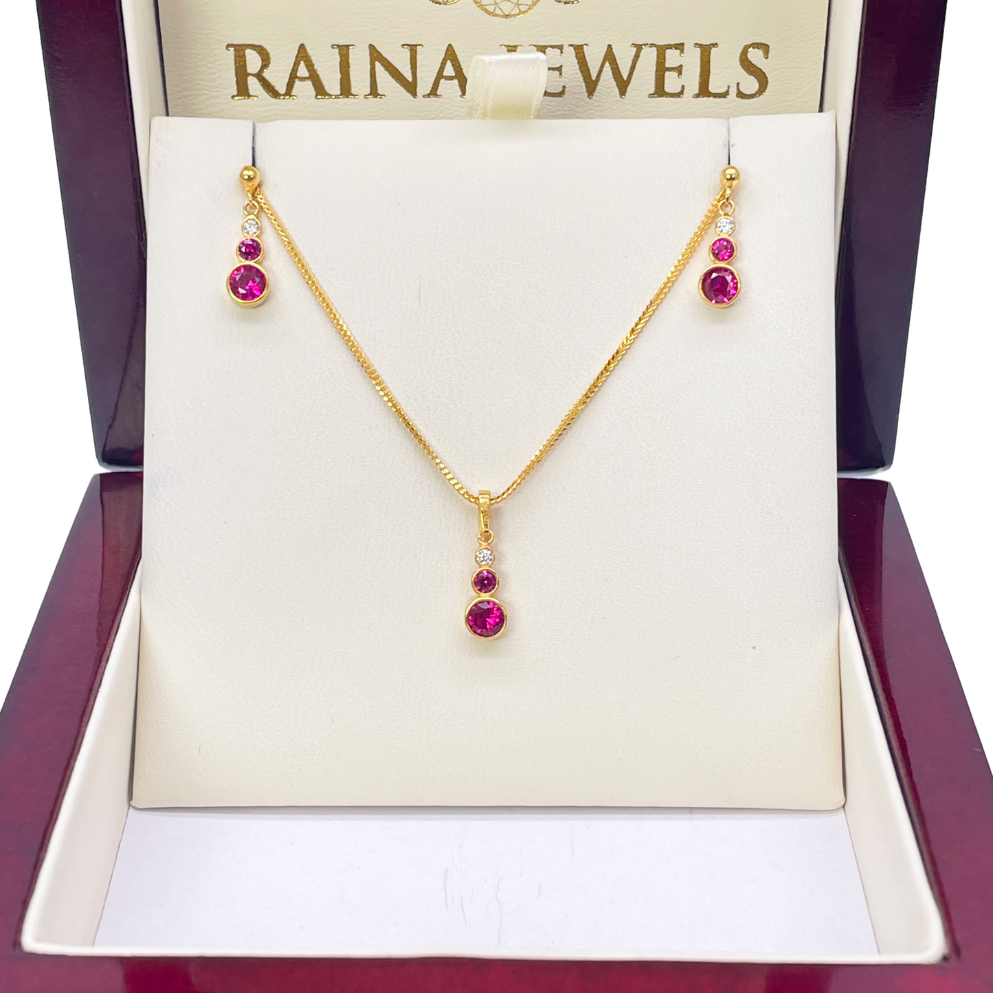 22ct Yellow Gold Drop Red Bubble Pendant & Chain With Matching Drop Earrings