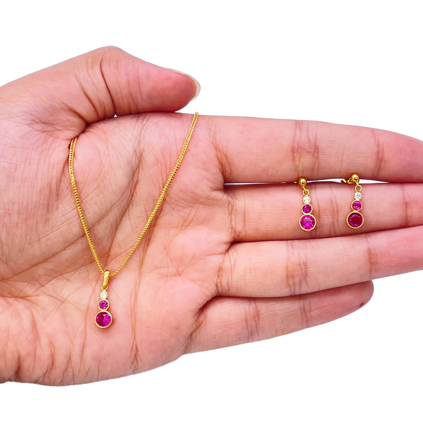 22ct Yellow Gold Drop Red Bubble Pendant & Chain With Matching Drop Earrings