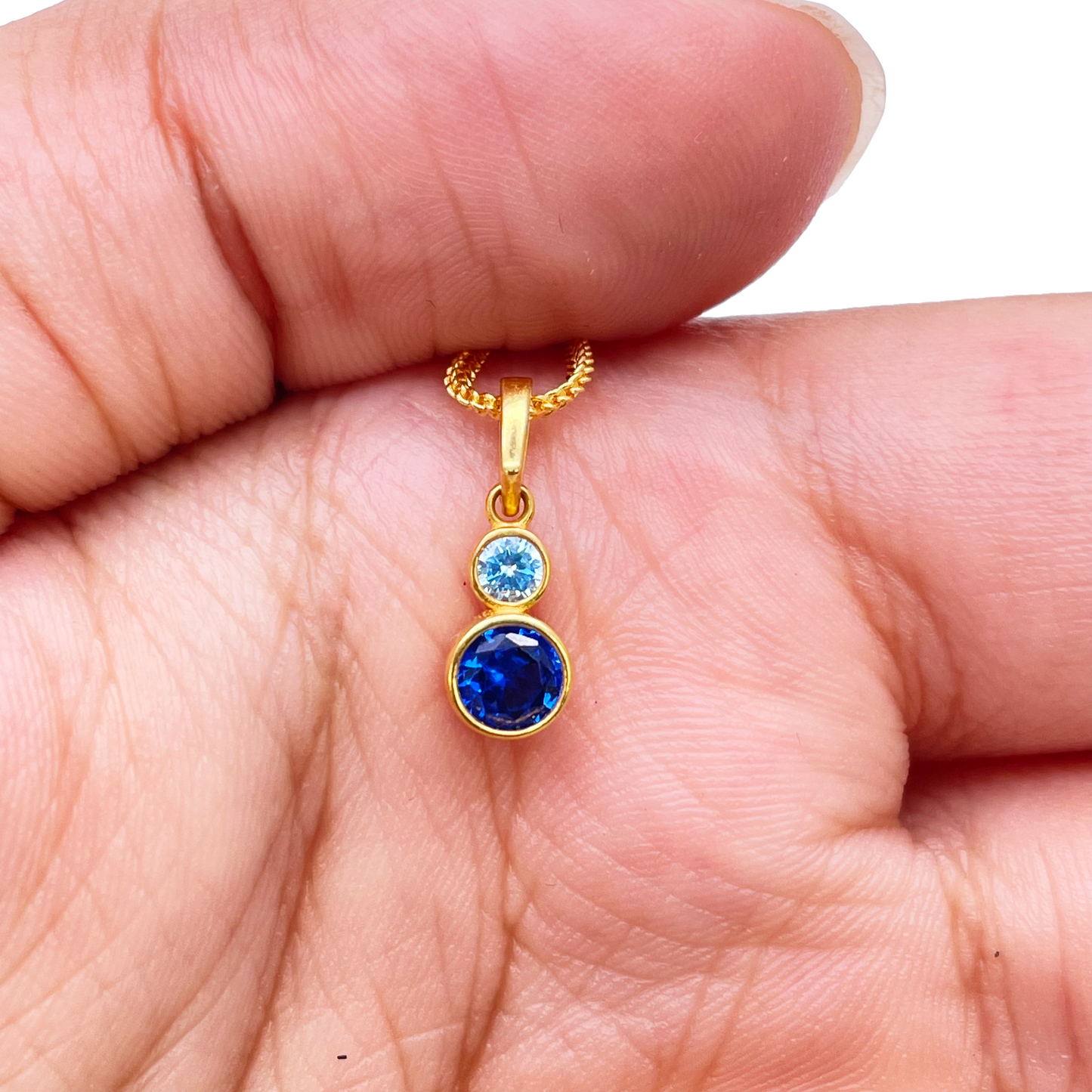 22ct Yellow Gold Drop Blue Bubble Pendant & Chain With Matching Drop Earrings