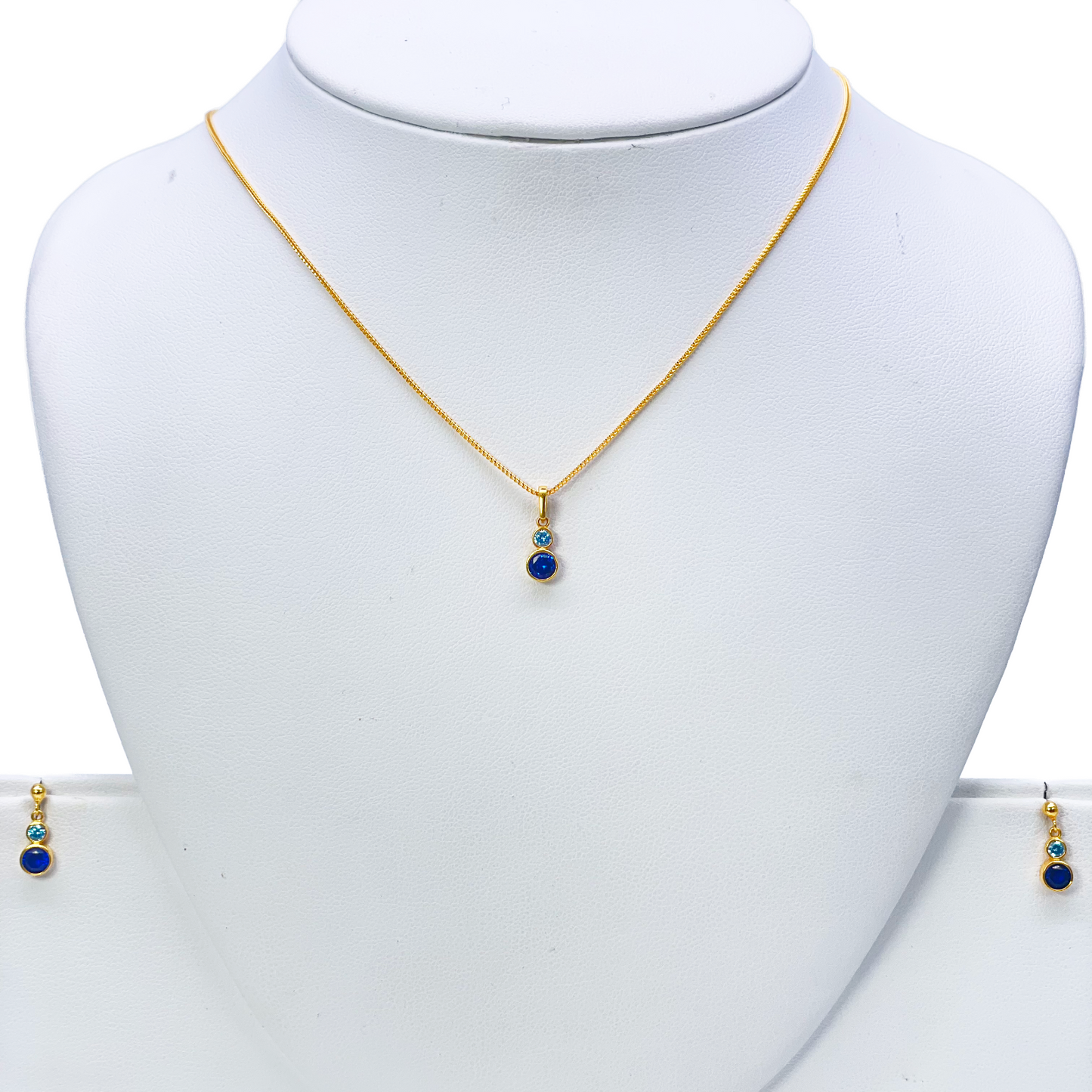 22ct Yellow Gold Drop Blue Bubble Pendant & Chain With Matching Drop Earrings