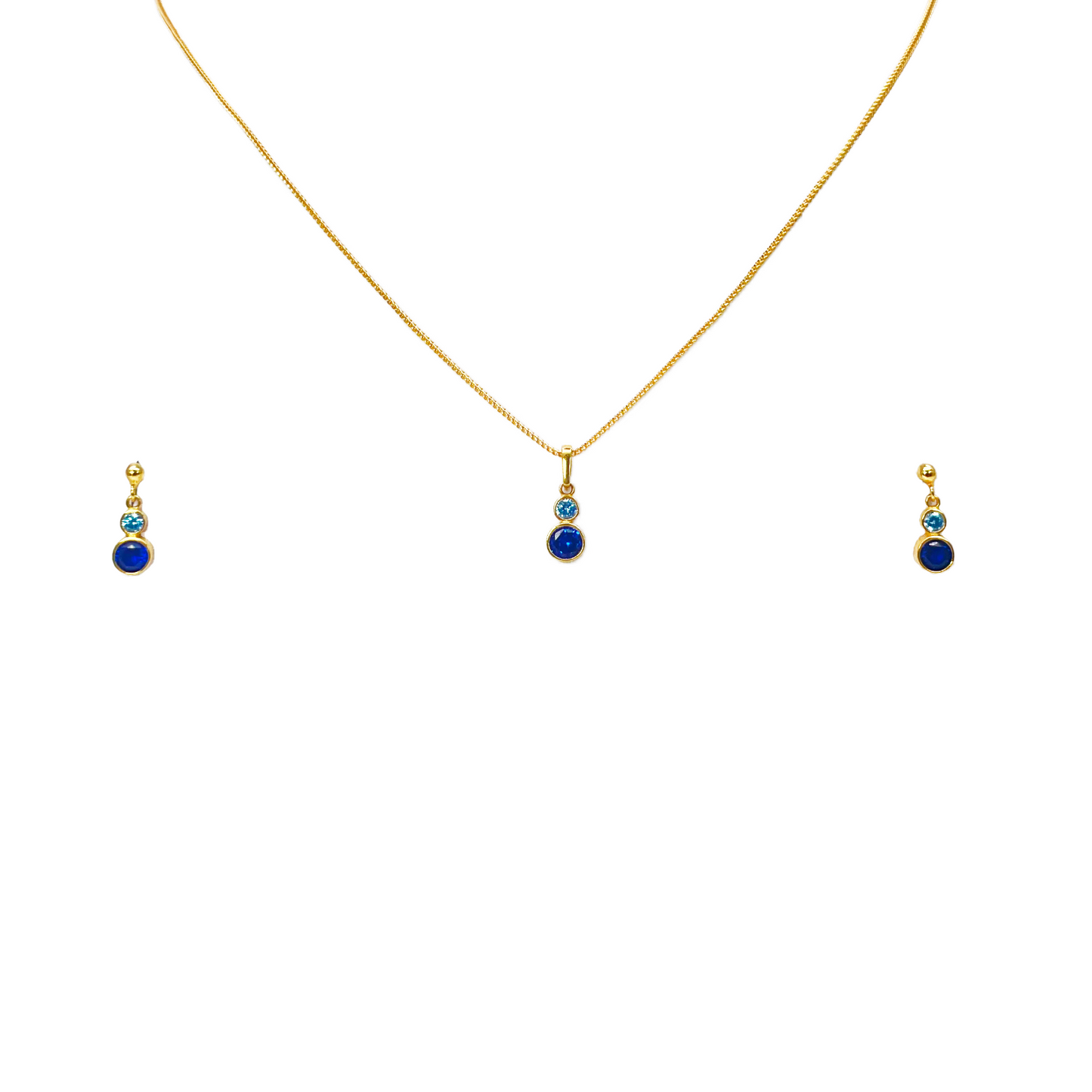 22ct Yellow Gold Drop Blue Bubble Pendant & Chain With Matching Drop Earrings