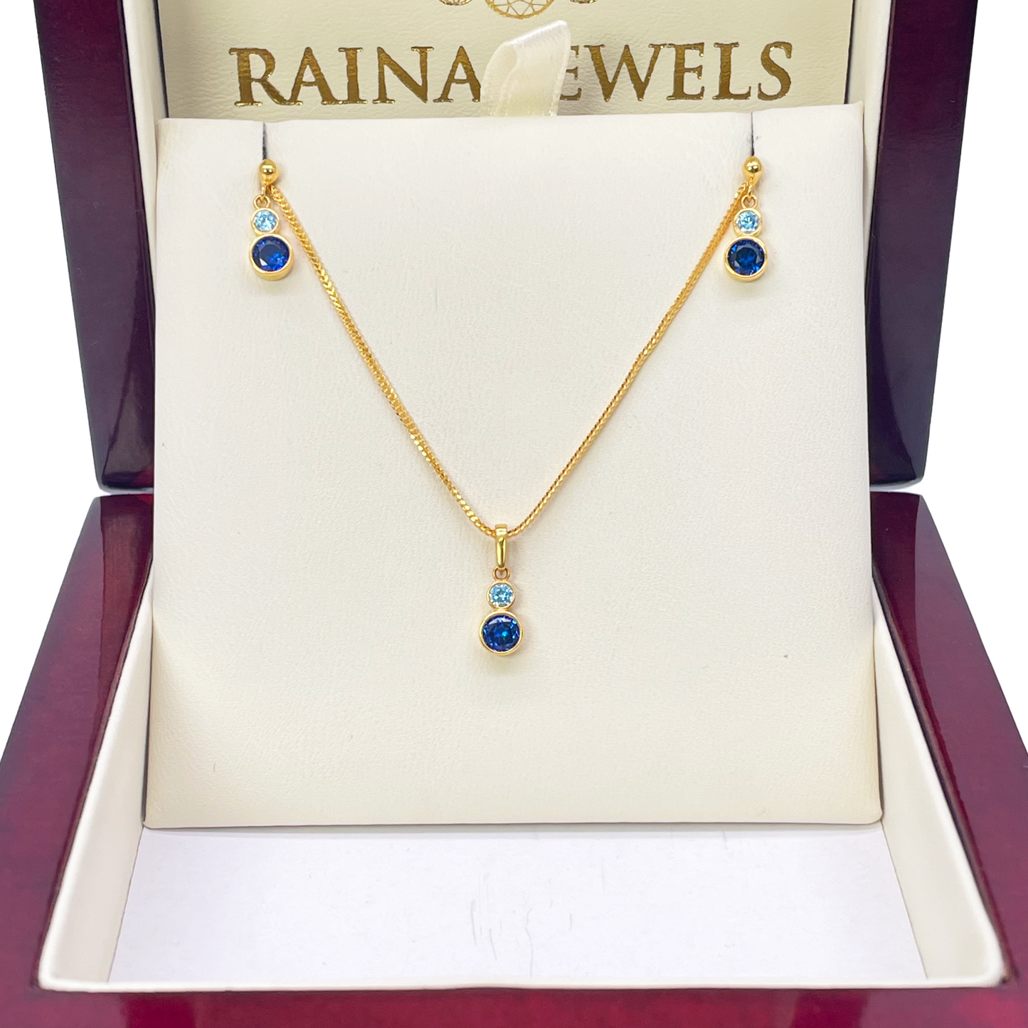 22ct Yellow Gold Drop Blue Bubble Pendant & Chain With Matching Drop Earrings