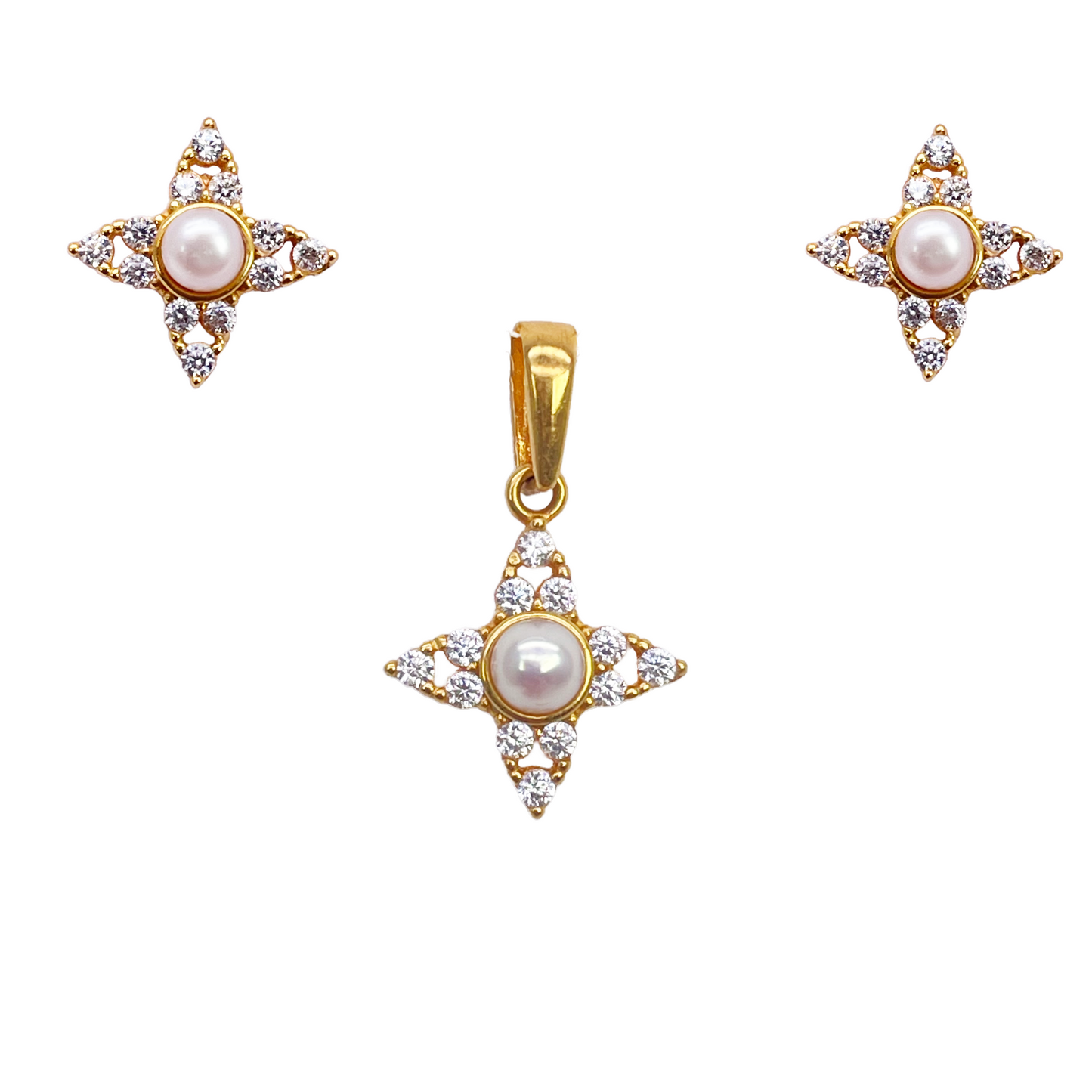 22ct Yellow Gold Round Freshwater Pearl Star Pendant and Star Earrings Set