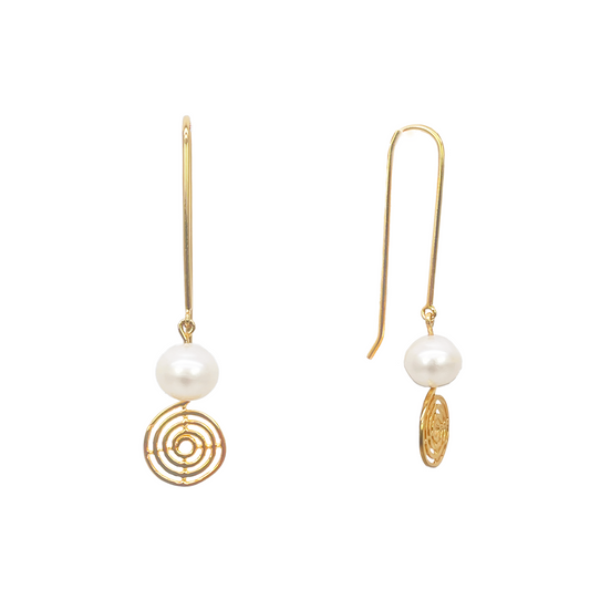 22ct Yellow Gold Paper Clip Freshwater Pearl & Swirl Tassel Drop Earrings