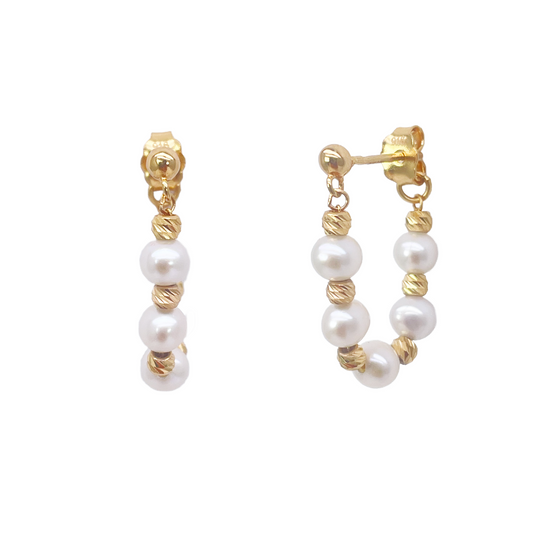 22ct Yellow Gold Diamond Cut Beads & Freshwater Pearl Hoop Huggie  Stud Earrings