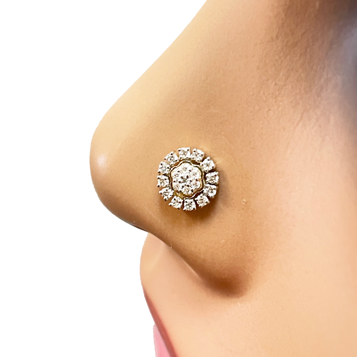 18ct Yellow Gold Diamond Floral Round Nose Stud 0.12ct 7.1mm Width