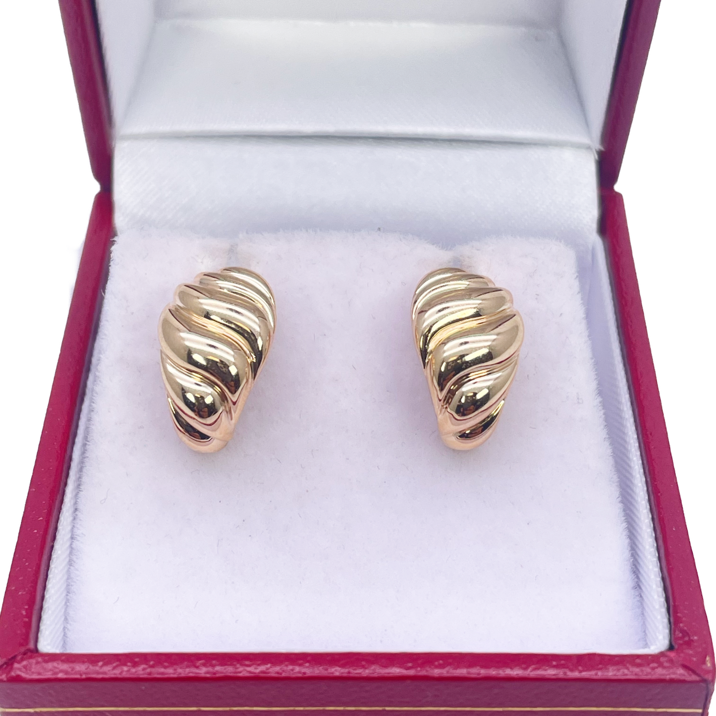 18ct Yellow Gold Twisted Repousse Croissant Style High Polished Chic Earrings