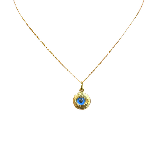 18ct Yellow Gold All Seeing Blue Evil Eye Pendant Charm With Chain 16