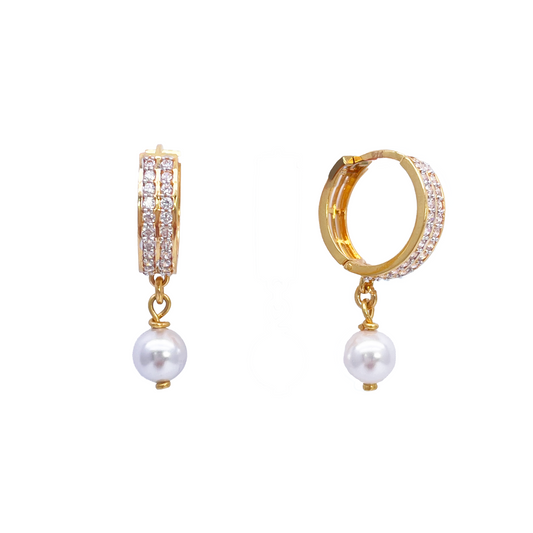 22ct Yellow Gold & Elegant Pearl Drop Huggies Hoop Earrings