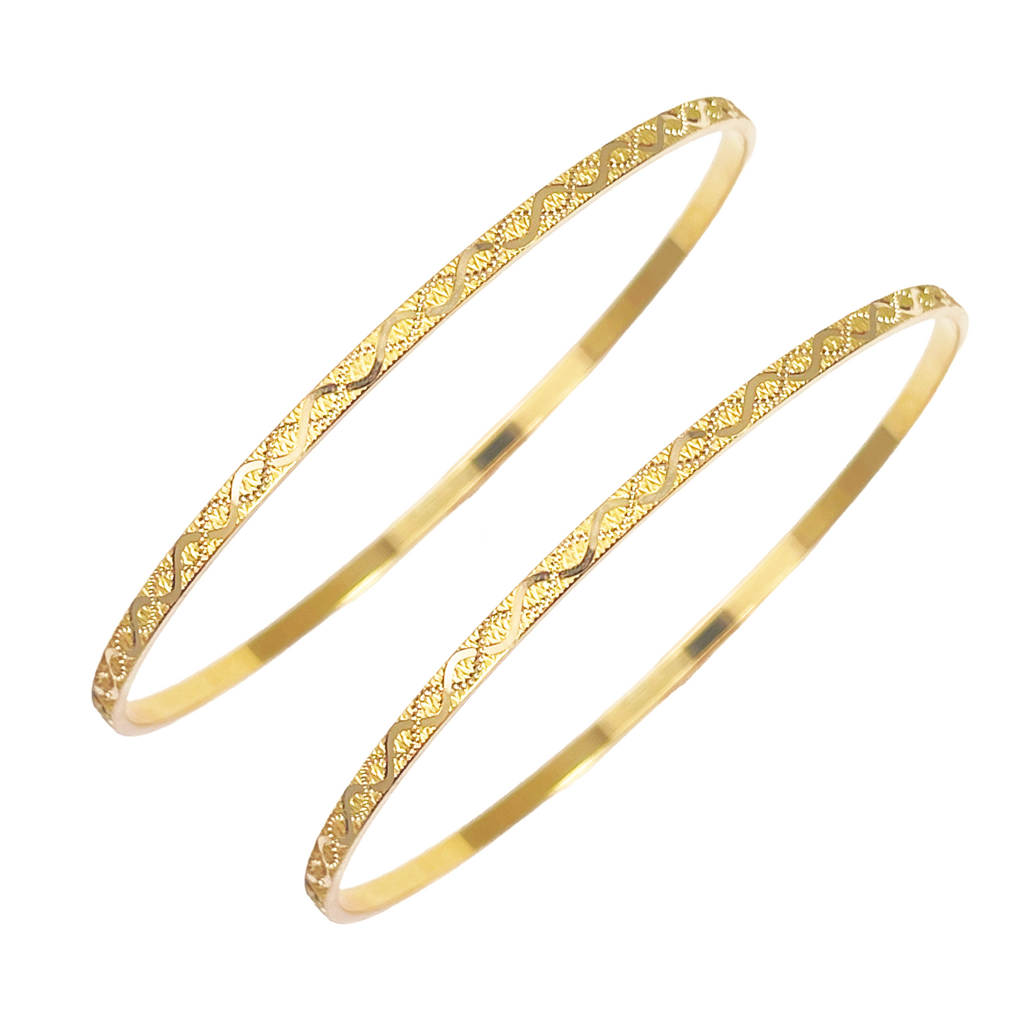 22ct Yellow Gold Set Of Two Solid Round Diamond Cut Swirl Design Bangle Inside DIameter: 19.1mm