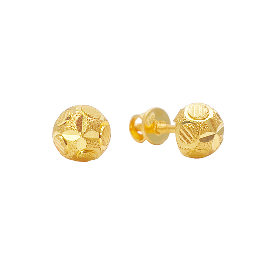 22ct Yellow Gold Matt & High Polished Diamond Cut Floral Half Ball Stud Earrings