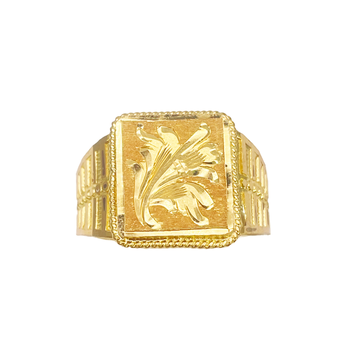 22ct Yellow Gold Floral Diamond Cut Men's Signet Ring