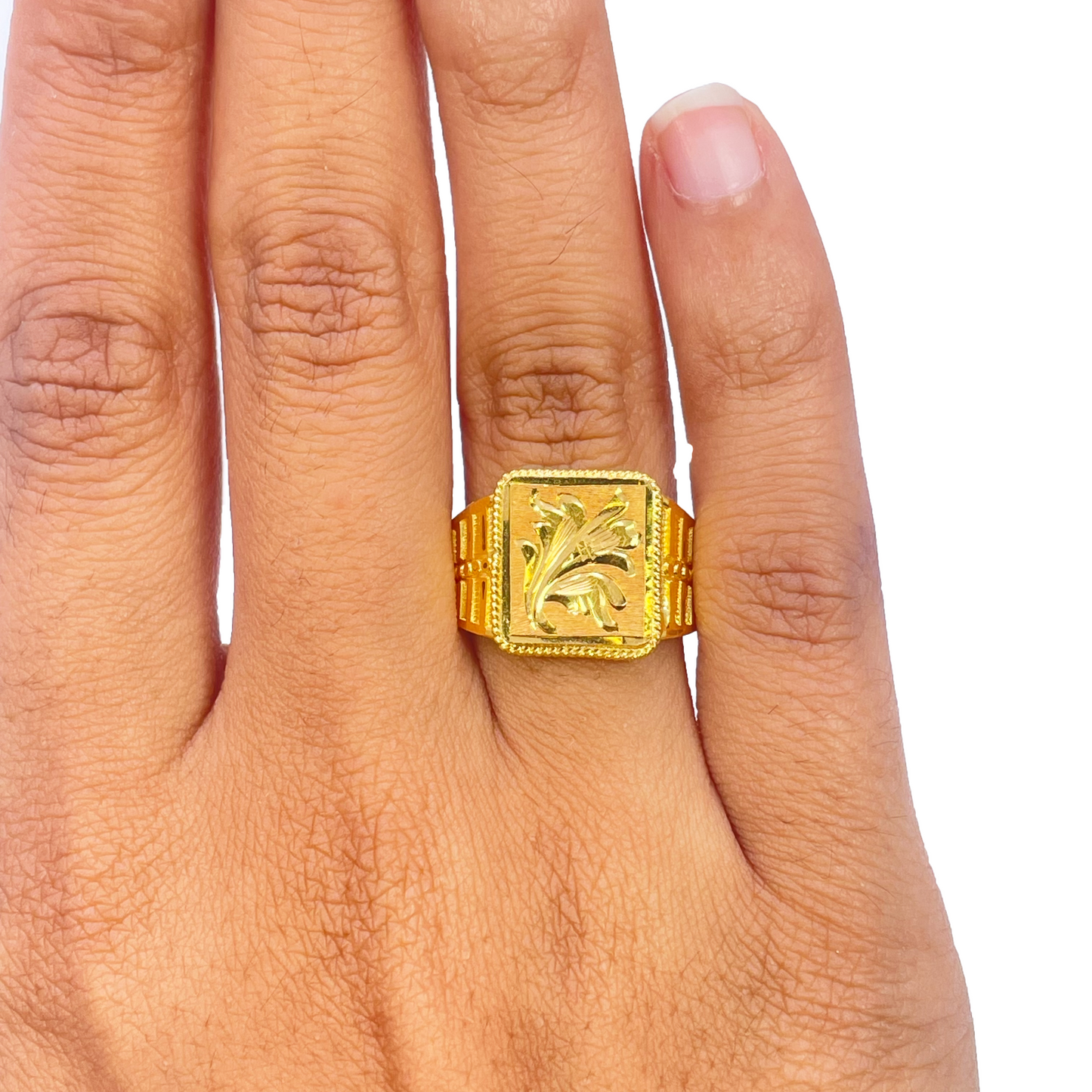 22ct Yellow Gold Floral Diamond Cut Men's Signet Ring