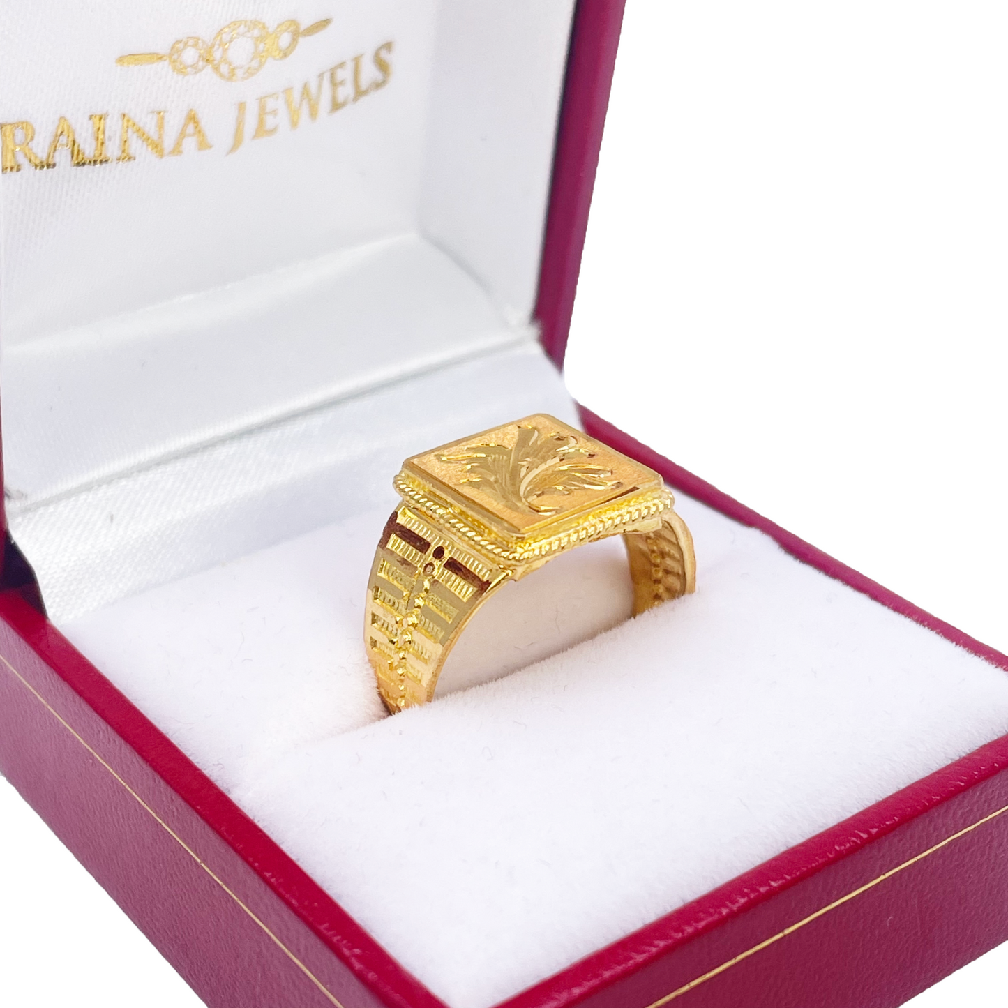 22ct Yellow Gold Floral Diamond Cut Men's Signet Ring