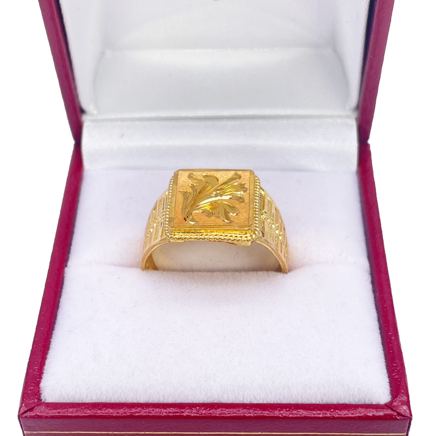 22ct Yellow Gold Floral Diamond Cut Men's Signet Ring