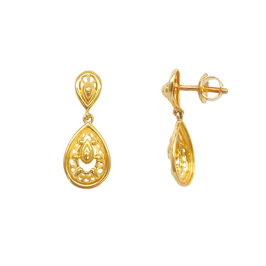 22ct Yellow Gold Matt & High Polished Elegant Drop Stud Earrings