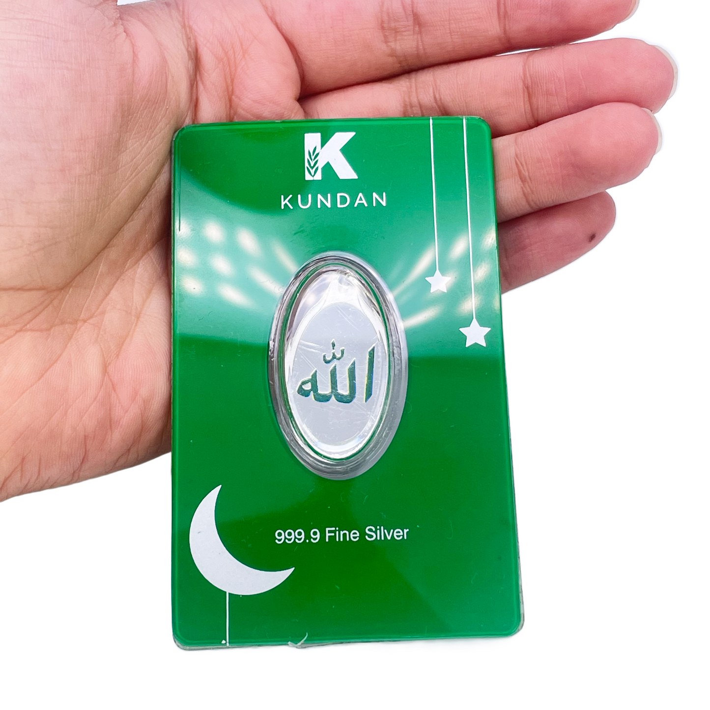 999.9 Pure Silver 5 Grams Green Coloured Allah Pendant Sealed Pack