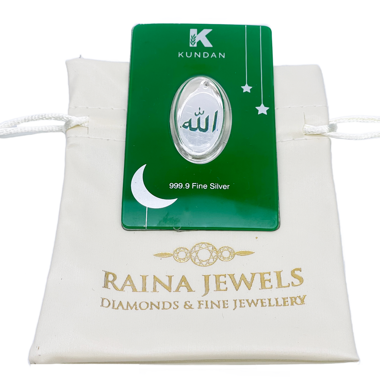 999.9 Pure Silver 5 Grams Green Coloured Allah Pendant Sealed Pack