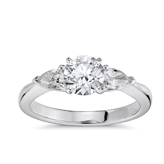 Platinum Round & Pear Natural Diamond Claw Set Trilogy Ring 0.95ct GIA Certified