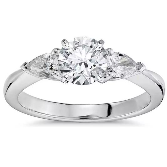 Platinum Round & Pear Natural Diamond Claw Set Trilogy Ring 1.25ct GIA Certified