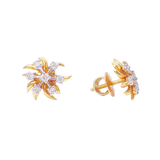 18ct Yellow Floral Two-Tone Gold Diamonds Stud Earrings 0.35ct & 13.7mm Width