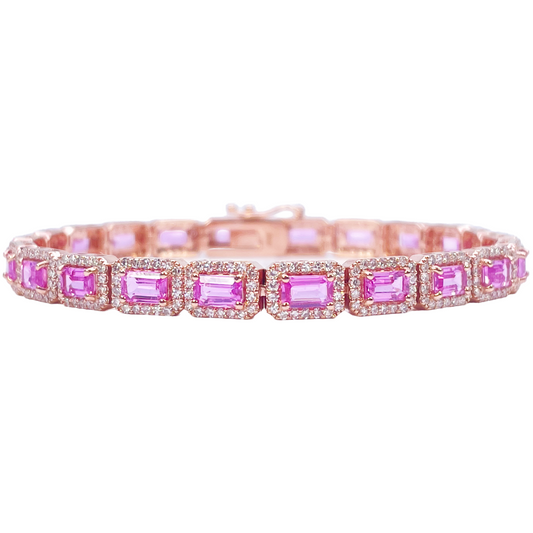 14ct Rose Gold Diamond & Pink Sapphire Rectangular Halo Tennis Bracelet 8.71ct