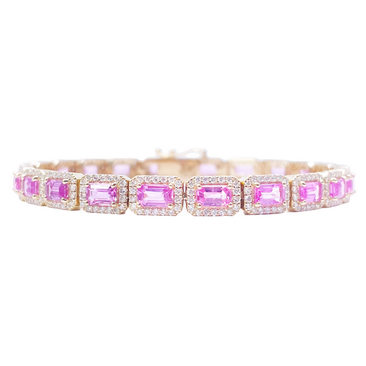 14ct Yellow Gold Diamond & Pink Sapphire Rectangular Halo Tennis Bracelet 9.10ct