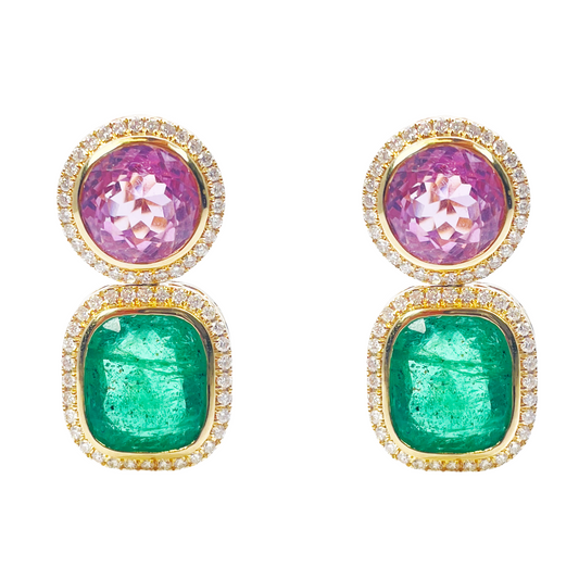 18ct Yellow Gold Emerald, Kunzite Rubover Set Halo Diamond Drop Earrings 17.76ct