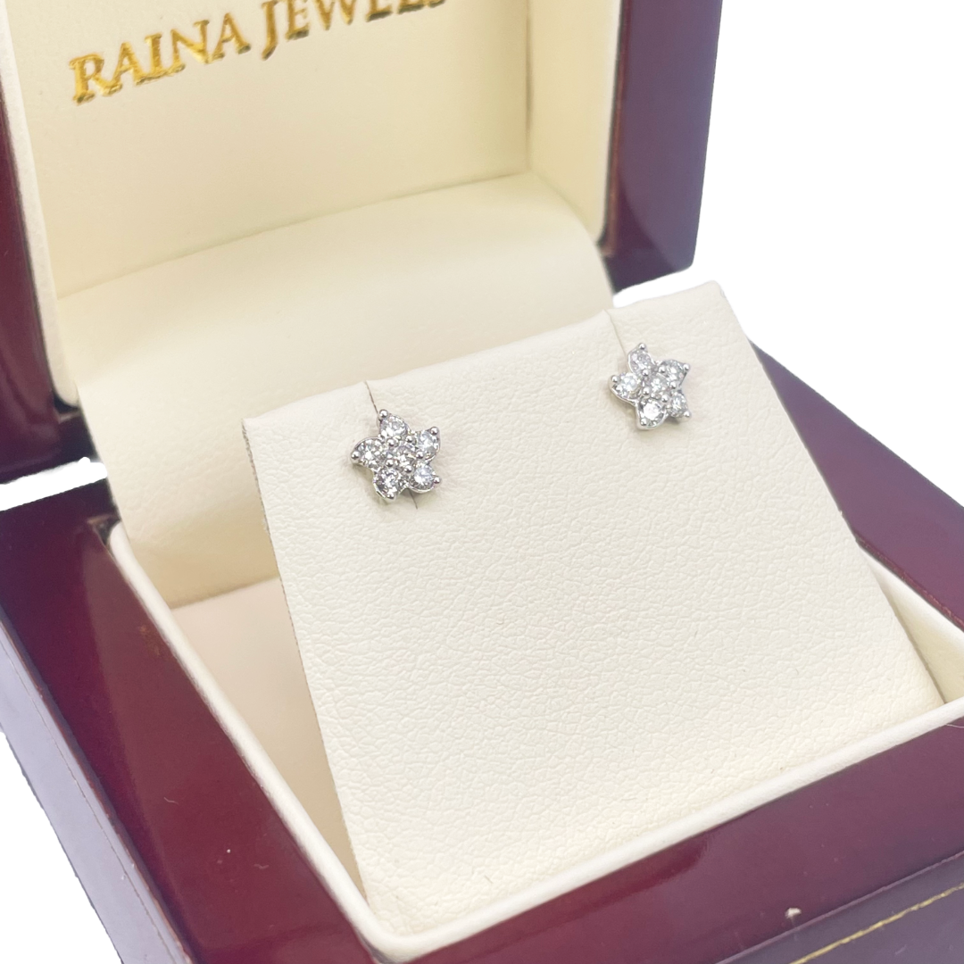 18ct White Gold Floral Round Diamonds Fancy Studs Earrings 0.25ct