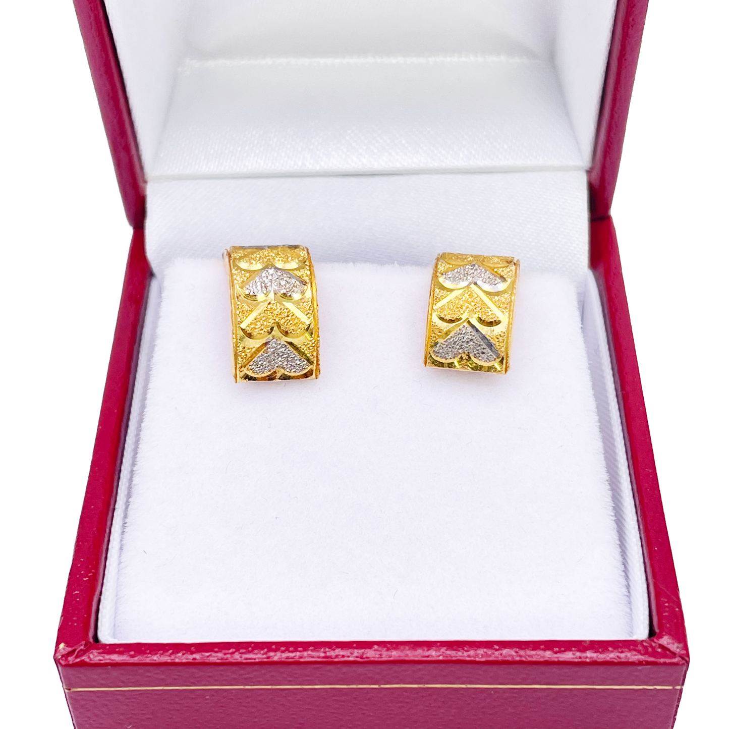 22ct Yellow Gold Diamond Cut Heart Matte Textured Two-Tone Hoop Huggies Earrings