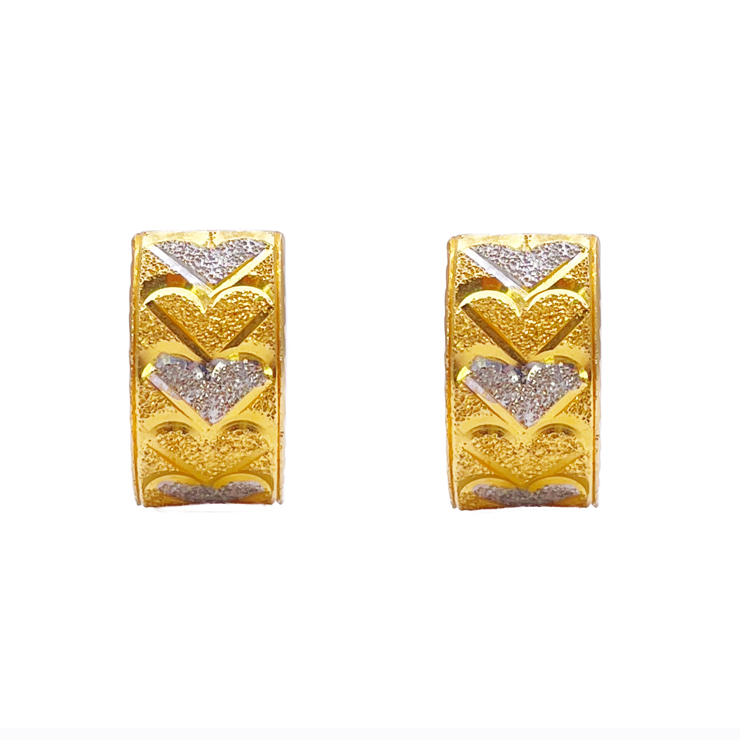 22ct Yellow Gold Diamond Cut Heart Matte Textured Two-Tone Hoop Huggies Earrings