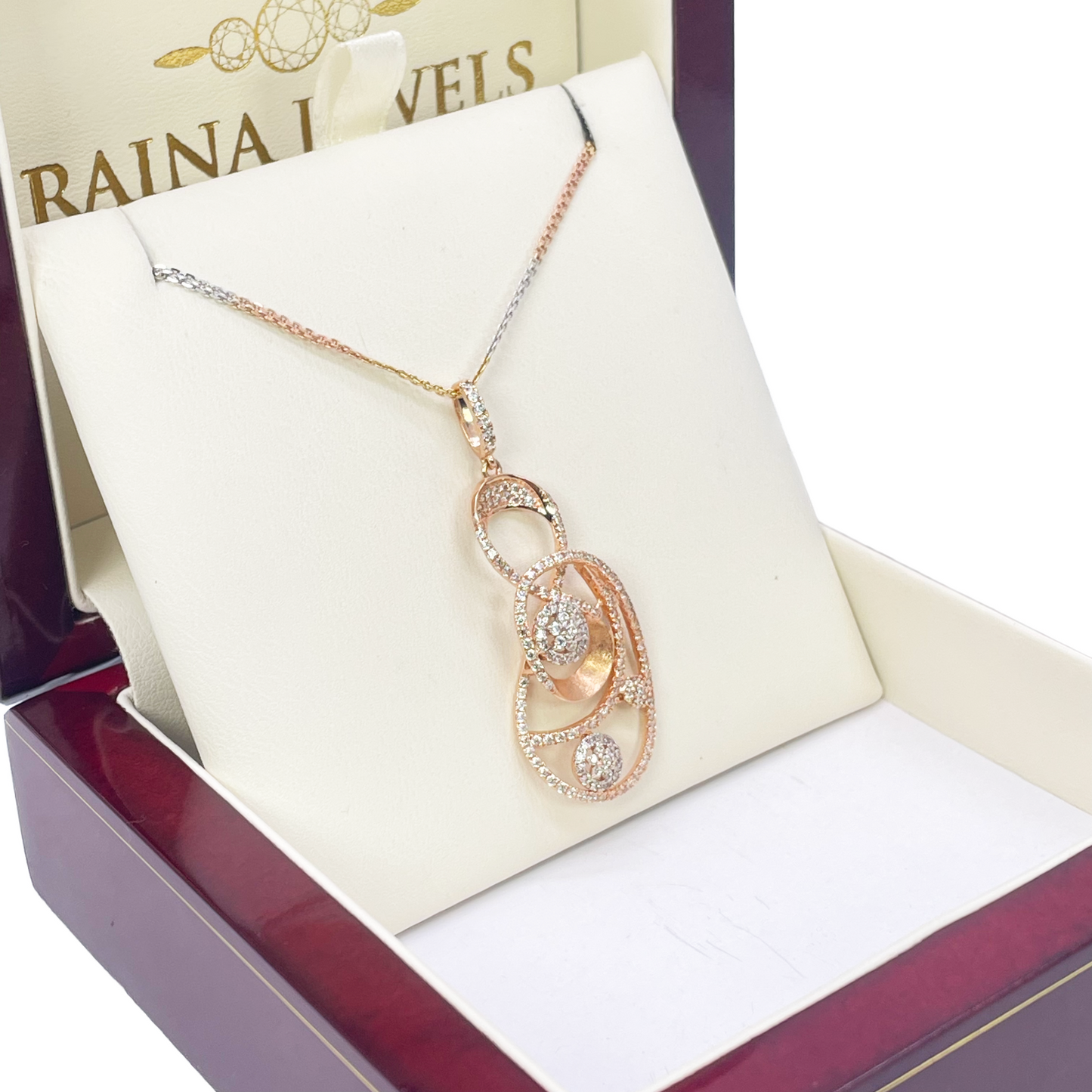 18ct Rose Gold Tri-Colour Chain & A Beautiful Unique Swirl Cubic Zirconia Pendant 19.5Inches