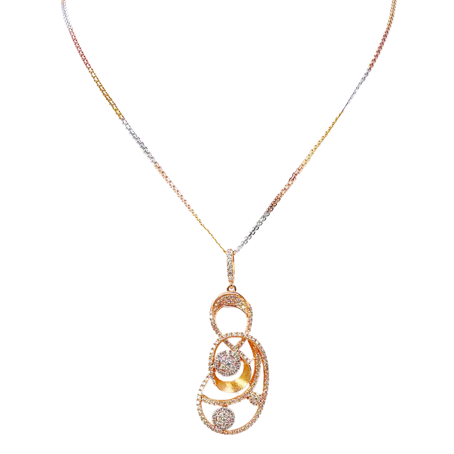 18ct Rose Gold Tri-Colour Chain & A Beautiful Unique Swirl Cubic Zirconia Pendant 19.5Inches