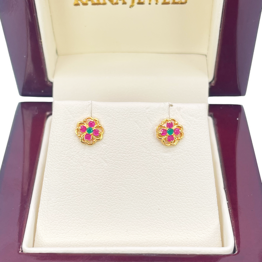 22ct Yellow Gold Children's Flower Shaped Small Gemstone Stud Earrings 
