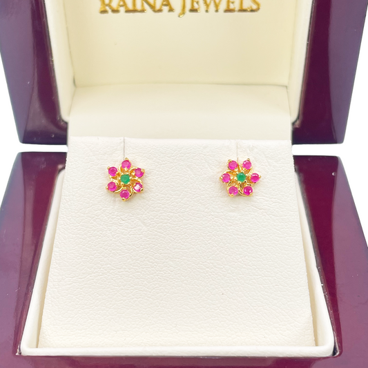 22ct Yellow Gold Children's Beautiful Flower Shaped Small Gemstone Stud Earrings 