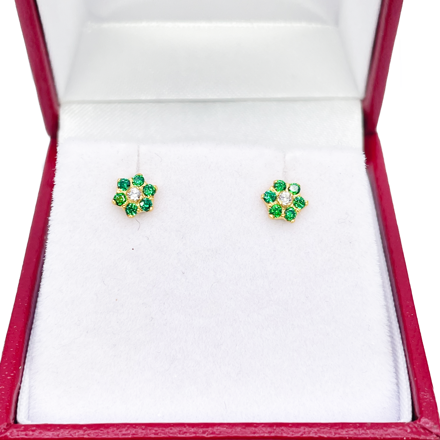 22ct Yellow Gold Children's Green & White Cubic Zirconia Floral Stud Earrings 5mm