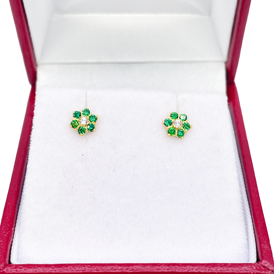 22ct Yellow Gold Children's Green & White Cubic Zirconia Floral Stud Earrings 5mm 