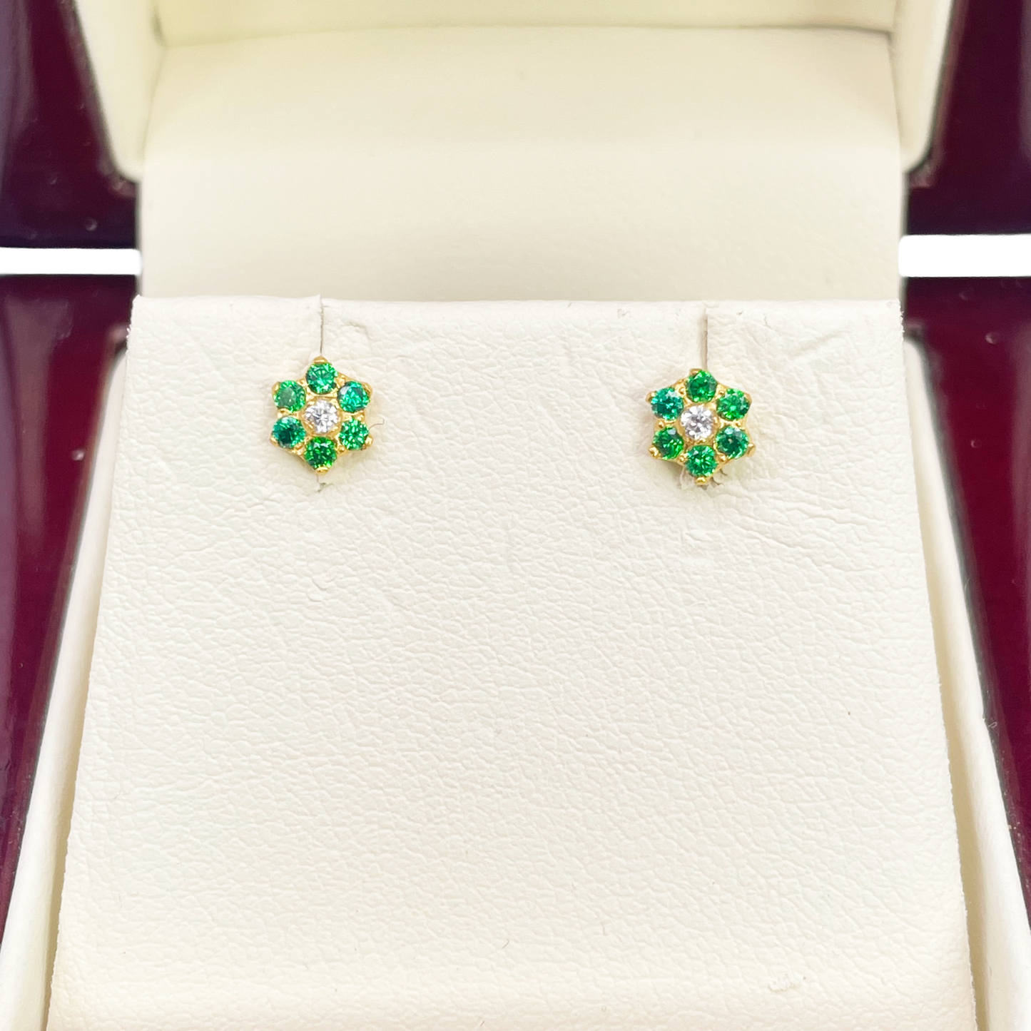 22ct Yellow Gold Children's Green & White Cubic Zirconia Floral Stud Earrings 5mm